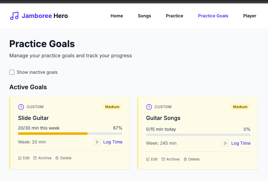 Setting practice goals interface